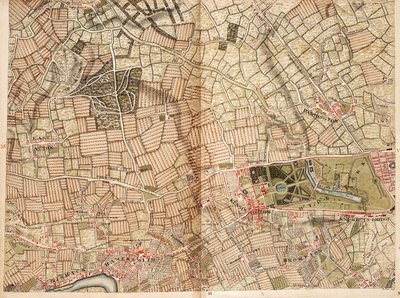 Kaart van Acton, Paddington, Hyde Park en Kensington door John Rocque
