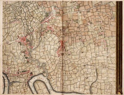 Kaart van Bow, Stratford, Blackwall en Plaistow door John Rocque