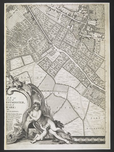 Plan van Londen, deel van Lock fields, Een plan van de steden Londen en Westminster, en het stadsdeel Southwark; vanuit een daadwerkelijke survey, genomen door JOHN ROCQUE, Land-Surveyor, en gegraveerd door John Pine door John Rocque