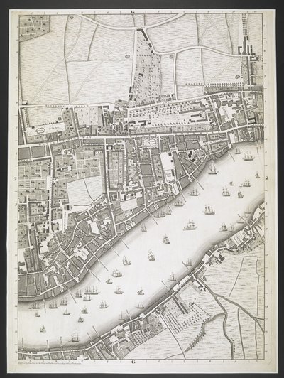 Plan van Londen, Ratcliff highway, Upper Shadwell road, Een plan van de steden Londen en Westminster, en het stadsdeel Southwark; Met de aangrenzende gebouwen; Van een daadwerkelijke survey, genomen door JOHN ROCQUE, Land-Surveyor, en gegraveerd door John  door John Rocque