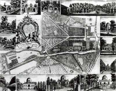 Plan van de Tuin en Uitzicht op de Huizen in Chiswick aan de Theems door John Rocque