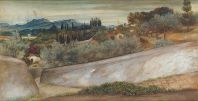 Een Toscaans landschap met dorp en olijfgaard door John Roddam Spencer Stanhope