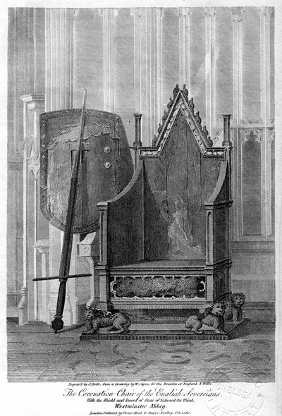 De kroningsstoel van de Engelse vorsten, Westminster Abbey, Londen, 1810 door John Roffe
