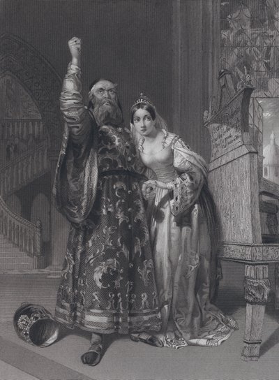 Marino Faliero, Doge van Venetië, dreigt met wraak voor het belasteren van zijn vrouw, Aluycia Gradenigo door John Rogers (after) Herbert