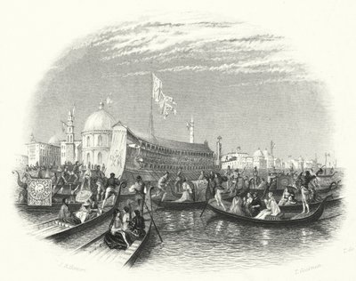 Het huwelijk van de zee. De praalwagen van de Doge en gondels op het water in Venetië door John Rogers (after) Herbert