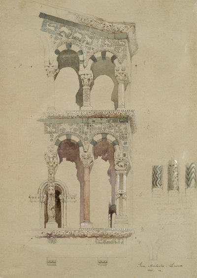 Deel van de gevel van de verwoeste kerk van San Michele in Foro, Lucca, zoals het verscheen in 1845 door John Ruskin