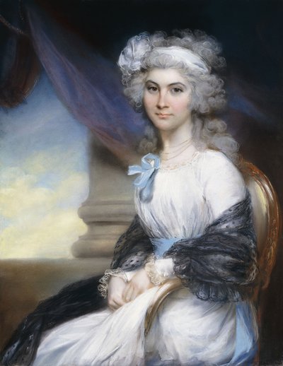 Portret van juffrouw Sophia Vansittart, driekwart lengte, gekleed in een witte jurk met een witte lint om haar gepoederde haar en een zwarte sjaal om haar schouders, zittend naast een klassieke zuil door John Russell