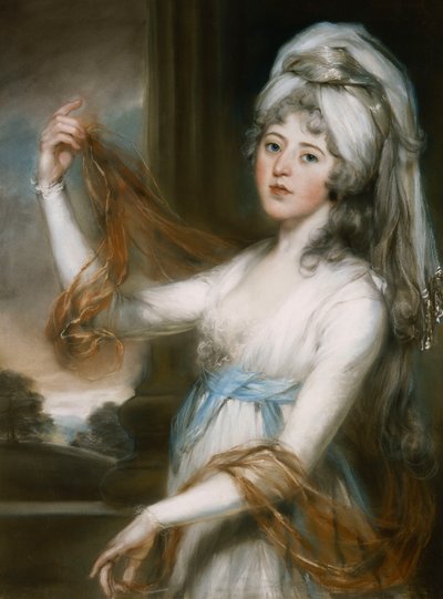 Portret van Sarah, vrouw van Walker King, Bisschop van Rochester, driekwart lengte, in een witte jurk met een blauwe sjerp door John Russell