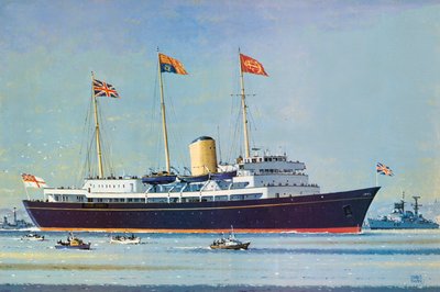 Britannia, drijvend huis van koningin Elizabeth II en prins Philip (kleurenlitho) door John S. Smith