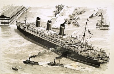 Het stoomschip Leviathan wordt door sleepboten naar een pier in de haven van New York gesleept door John S. Smith
