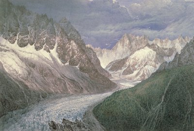 Uitzicht op de Mer de Glace met de Aiguille du Moine links en de Grandes Jorasses in de verte rechts door John Scandrett Harford