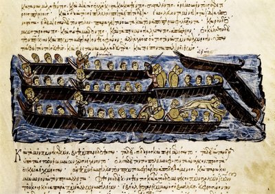 Een Russische vloot, miniatuur uit "Synopsis historiarum", ca.1126-1150 door John Scylitzes