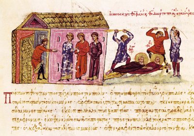 De monniken Sint Theophanes de Belijder en Sint Theodorus de Studiet gestraft op bevel van keizer Theophilus, miniatuur uit "Synopsis historiarum" door John Scylitzes
