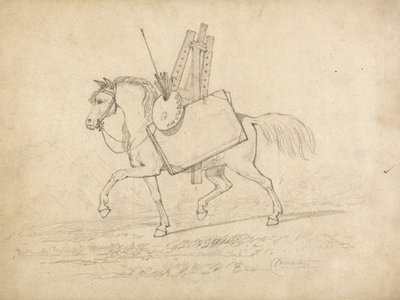 Een paard beladen met kunstenaarsbenodigdheden, lopend naar links door John Sell Cotman