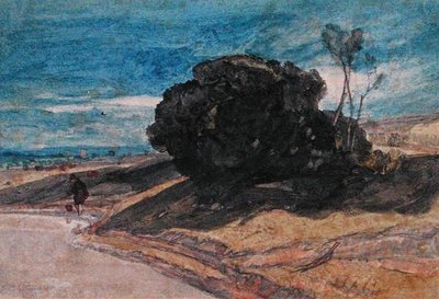 Een visser aan de oever van een rivier nabij een groep bomen door John Sell Cotman