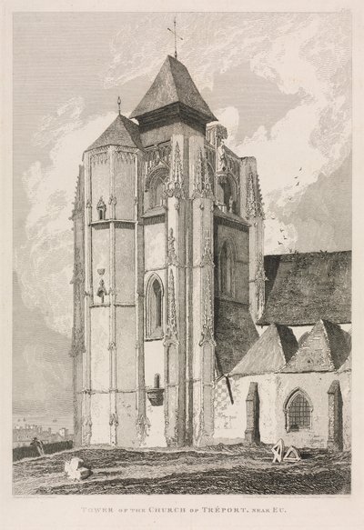 Architectonische antiquiteiten van Normandië (Vol. II), Pl. 66: Toren van de kerk van Tréport, nabij Eu door John Sell Cotman