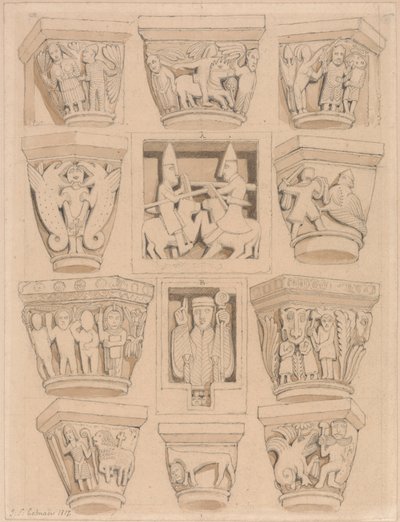 Kapitalen en A & B bas-reliëfs in de abdijkerk van Saint Georges de Bocherville, nabij Rouen, Normandië door John Sell Cotman