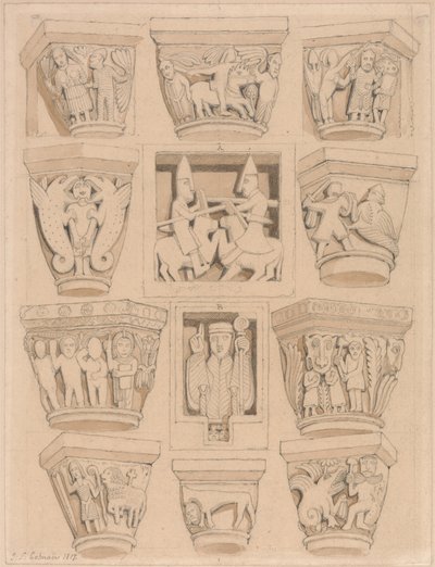 Kapitalen en A & B Bas-Reliefs in de Abdijkerk van Saint Georges de Bocherville, nabij Rouen, Normandië door John Sell Cotman