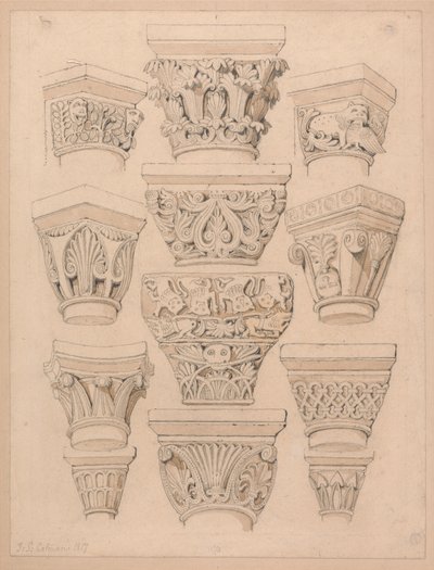Kapitelen in de abdijkerk van St. Georges de Bocherville, bij Rouen, Normandië door John Sell Cotman
