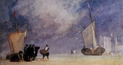 Figuren aan de kust lossen een boot bij eb door John Sell Cotman
