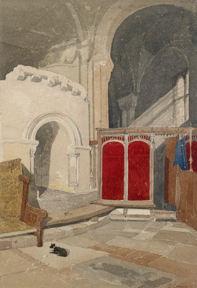 Interieur van de Oostelijke Wandelgang van de Apsis van de Kathedraal van Norwich door John Sell Cotman