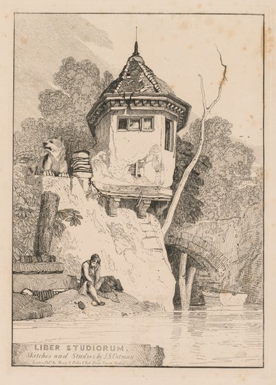 Liber Studiorum; Frontispice, Uitzicht op een tuinhuis aan de oevers van de rivier Yare door John Sell Cotman