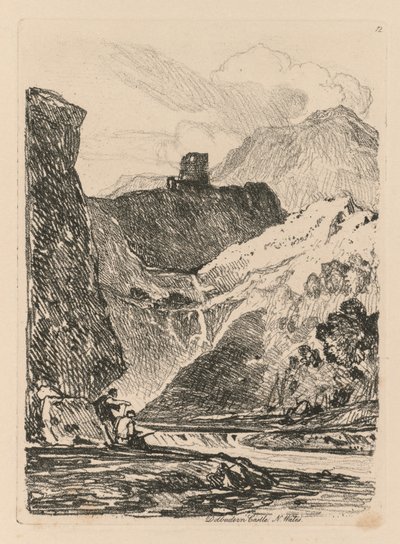 Liber Studiorum: Plaat 12, Dolbadern Castle, Llanberris Lake, Noord-Wales, 1838 door John Sell Cotman