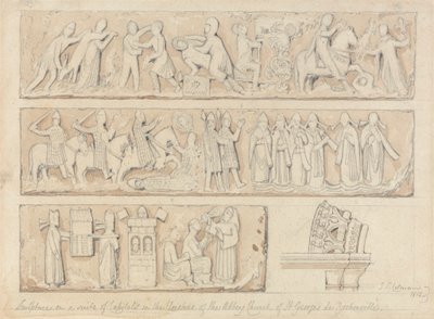 Beeldhouwwerk op een reeks kapitelen in de kloosters van de abdijkerk van Saint Georges de Bocherville, nabij Rouen, Normandië door John Sell Cotman