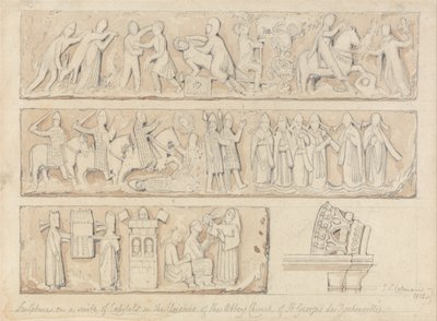 Beeldhouwwerk op een reeks kapitelen in de kloostergangen van de abdijkerk Saint Georges de Bocherville, bij Rouen, Normandië door John Sell Cotman