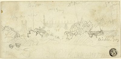 Schets van landschap met kathedraal door John Sell Cotman