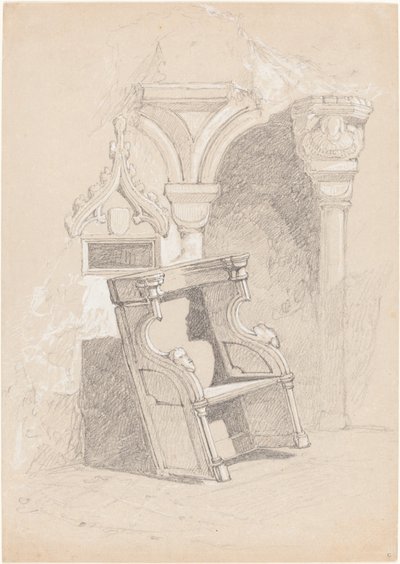 Schets van Verwoeste Kerkinterieur met Stoel door John Sell Cotman