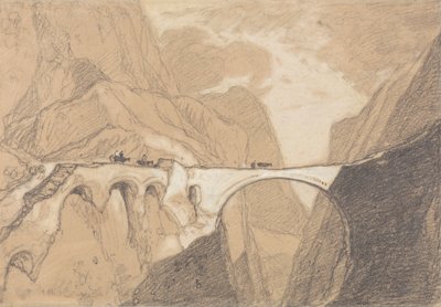 Reizigers die een brug over een Alpenkloof oversteken door John Sell Cotman