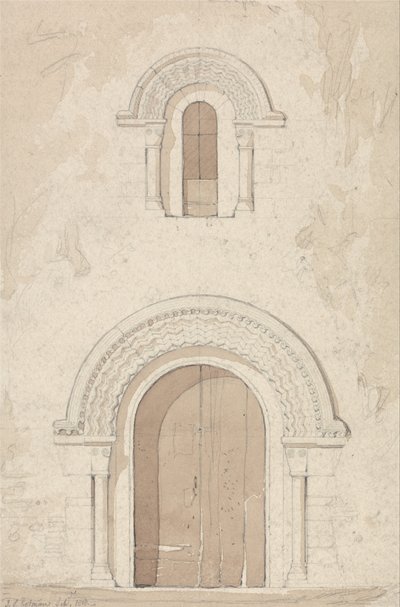 Westelijke deuropening en raam in de kerk van Ham bij Valognes, Normandië door John Sell Cotman