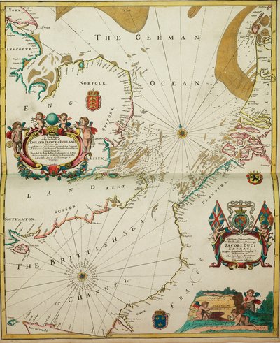 Een nieuwe kaart van de zeekusten van Engeland, Frankrijk en Holland, waarin de Engelse namen, ligging, windrichting en afstand van de verschillende havens, havens, kreken, zandbanken. door John Seller