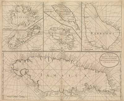 Kaart van Jamaica, Barbados, St. Christopher, Martinique, Antigua en Bermuda door John Seller