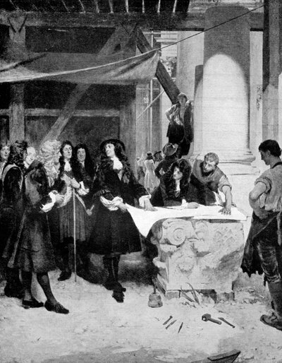 Charles II bezoekt Sir Christopher Wren tijdens de bouw van de St Paul