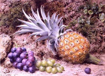Een Ananas en Trossen Druiven op een Mossige Oever door John Sherrin