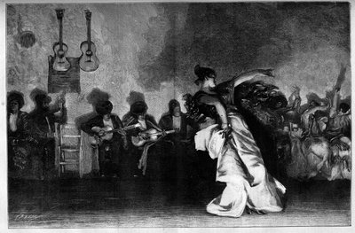 El Jaleo - Zigeunerdansen. Gitaristen en flamencodanseres. Gravure naar het schilderij van John Singer Sargent (1856-1925) in 