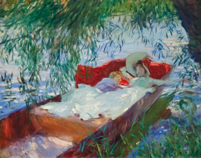 Dame en kind slapen in een boot onder de wilg door John Singer Sargent