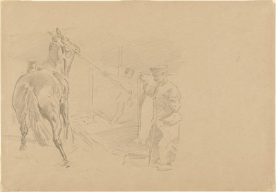 Man trekt een paard in een stal door John Singer Sargent