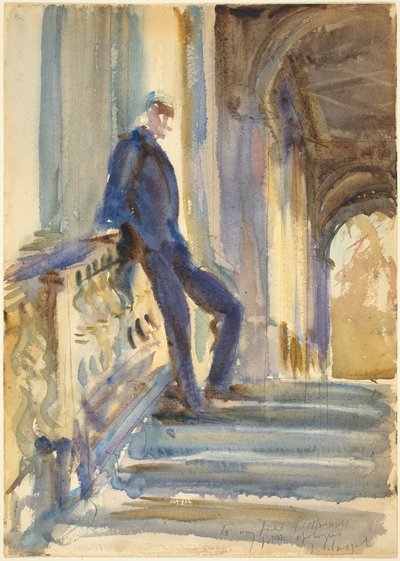 Sir Neville Wilkinson op de trappen van de Palladiaanse brug bij Wilton House, 1904-5 door John Singer Sargent