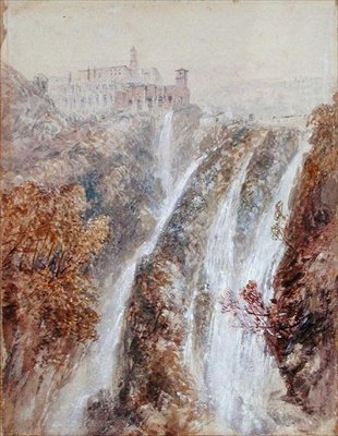 Landschap met een waterval door John Skinner Prout