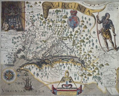 Kaart van Virginia: Inzet (linksboven) toont interieur van de hut van Indiaanse hoofdman Powathan door John Smith
