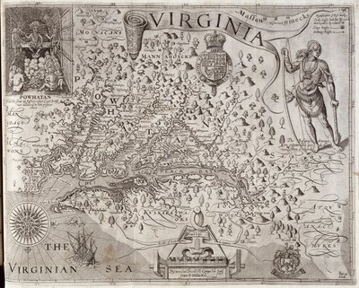 Kaart van Virginia, ontdekt en beschreven door Kapitein John Smith, gegraveerd door William Hole, gepubliceerd in 1612 door John Smith 2