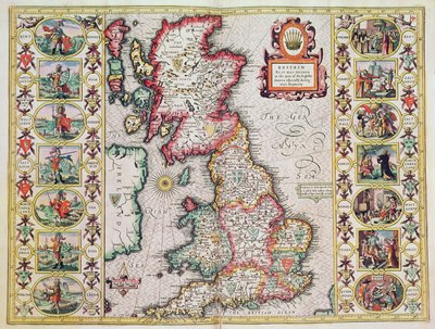 Britannië zoals het was verdeeld in de tijd van de Engelse Saksen, vooral tijdens hun Heptarchie door John Speed