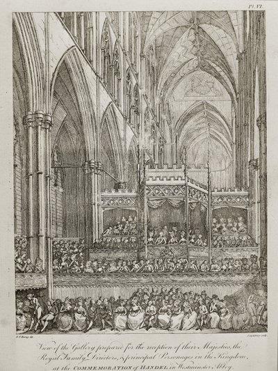 Concert ter herdenking van de 25e verjaardag van het overlijden van George Frederick Handel (1685-1759) - Zicht op de galerij voorbereid voor de ontvangst van hun Majesteiten de Koninklijke Familie door John Spilsbury