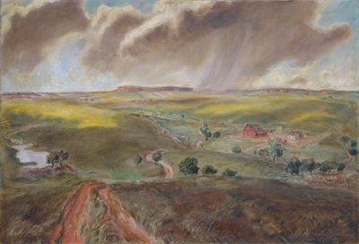 Lente Regenbui (Western Kansas Landschap) door John Steuart Curry