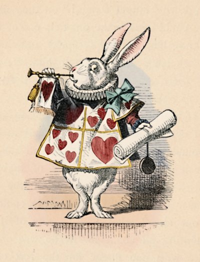 Een konijn als hofbeambte die een trompet blaast voor een aankondiging, 1889 door John Tenniel