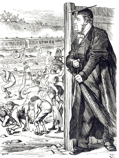 Een cartoon met William Vernon Harcourt (1827-1904) die als minister van Binnenlandse Zaken de invoering van de berk aanbeval in plaats van detentie voor jeugdige delinquenten. Geïllustreerd door John Tenniel (1820-1914) een Engelse illustrator, grafische  door John Tenniel