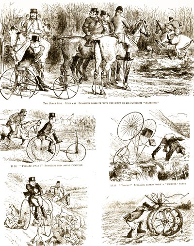 Een cartoon van een man die jaagt op een driewieler. Geïllustreerd door John Tenniel, een Engelse illustrator, grafisch humorist en politiek cartoonist door John Tenniel